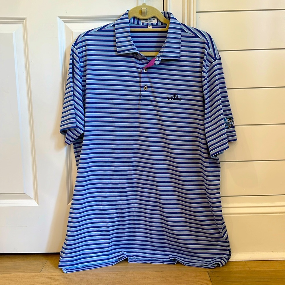 Peter Millar “Summer Comfort” golf polo in blue, white, & purple stripe, size L